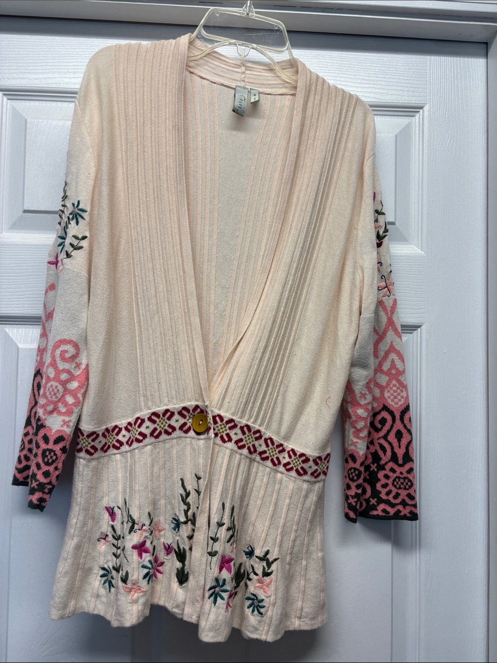 Sahalie Floral Embroidered Cream, Pink & Green 1 Button Cardigan Sweater M